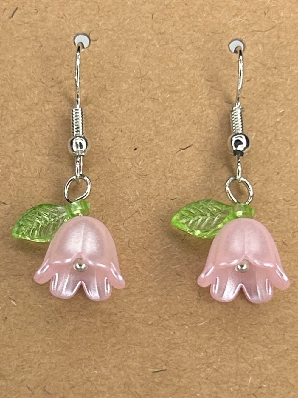 Pink Flower Drop Earrings with Green Leaf Fashion Jewelry - Picture 2 of 4